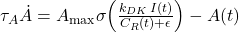 \tau_A \dot{A} = A_{\max}\sigma\!\left(\frac{k_{DK} \, I(t)}{C_R(t) + \epsilon}\right) - A(t)