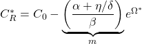 Rendered by QuickLaTeX.com C_R^* = C_0 - \underbrace{\left(\frac{\alpha + \eta/\delta}{\beta}\right)}_{m} e^{\Omega^*}
