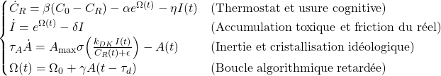 Rendered by QuickLaTeX.com \begin{cases} \dot{C}_R = \beta(C_0 - C_R) - \alpha e^{\Omega(t)} - \eta I(t) & \text{(Thermostat et usure cognitive)} \\ \dot{I} = e^{\Omega(t)} - \delta I & \text{(Accumulation toxique et friction du réel)} \\ \tau_A \dot{A} = A_{\max}\sigma\!\left(\frac{k_{DK} \, I(t)}{C_R(t) + \epsilon}\right) - A(t) & \text{(Inertie et cristallisation idéologique)} \\ \Omega(t) = \Omega_0 + \gamma A(t-\tau_d) & \text{(Boucle algorithmique retardée)} \end{cases}