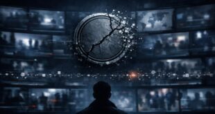 Illustration : un sceau d’authenticité fissuré devant un mur d’écrans, symbole de la crise de la preuve à l’ère des deepfakes.