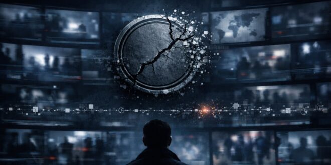 Illustration : un sceau d’authenticité fissuré devant un mur d’écrans, symbole de la crise de la preuve à l’ère des deepfakes.